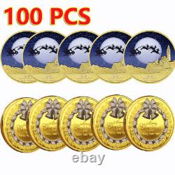 100PC Commemorative Merry Christmas Santa Claus Coin Embossed Medals Gold Plated