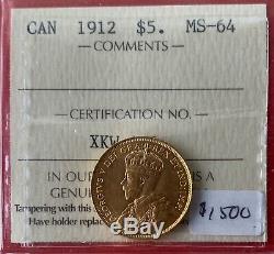 1912 Canada Gold $5 Dollar Coin $1500 ICCS MS-64