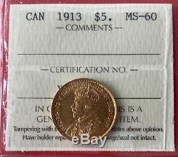 1913 Canada Gold $5 Dollar Coin ICCS MS-60