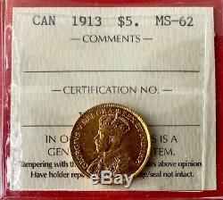 1913 Canada Gold $5 Dollar Coin ICCS MS-62