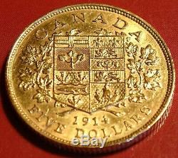 1914 Canada Five Dollar $5 Gold Coin Rarest Canadian 1912-14 Gold Piece