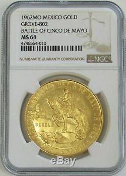 1962 Gold Mexico 50 Pesos Cinco De Mayo Commemorative Coin Ngc Mint State 64