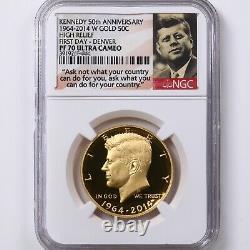 1964-2014 W Kennedy Gold 50C High Relief NGC Certified PF 70 Ultra Cameo 1st Day