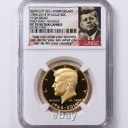 1964-2014 W Kennedy Gold 50C High Relief NGC Certified PF 70 Ultra Cameo 1st Day