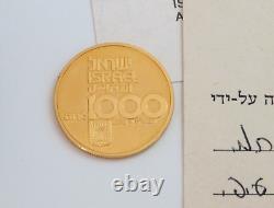 1978 ISRAEL 30th ANNIVERSARY COMMEMORATIVE GOLD PROOF 1000 IL COIN. CASE & CARDS