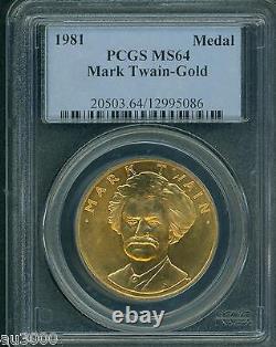 1981 MARK TWAIN COMMEMORATIVE MEDAL AMERICAN ARTS GOLD COIN 1 Oz. PCGS MS64