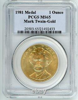 1981 MARK TWAIN COMMEMORATIVE MEDAL AMERICAN ARTS GOLD COIN 1 Oz PCGS MS65 MS-65