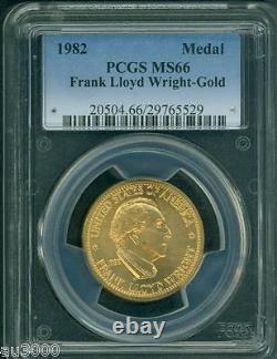 1982 FRANK LLOYD WRIGHT COMMEMORATIVE AMERICAN ARTS 1/2 Oz. GOLD MEDAL PCGS MS66