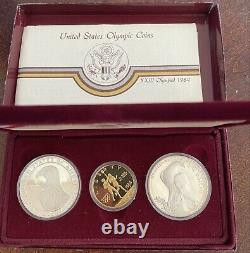 1983-1984 Olympic 3-Coin Set $10 Dollar Gold-1/2 Oz 2-Silver Dollars 1 Oz Comm