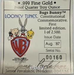 1987 Bugs Bunny 1/4 Troy Oz. 999 Gold Fine Proof Disney 50th Anniversary LE Coin