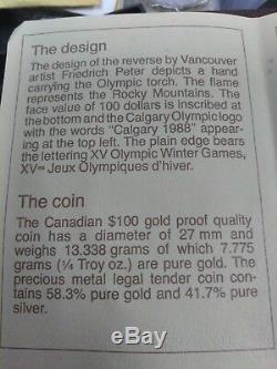 1987 Gold $100 Proof Calgary 1988 Olympic Coin Mint Cased With Coa