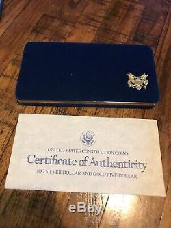 1987 US Constitution 2 Coin Proof Set 5 Dollar Gold and One Dollar Silver W COA