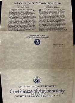 1987 U. S. Constitution Commemorative Proof Set $1 Silver & $5 Gold Coins withCOA