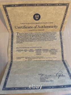 1987 W U. S. Constitution Bicentennial $5 Gold Coin w original box