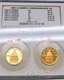 1989 Congress Commemorative 6 Coin Set NGC MS69 PF69 UCAM D W S Silver and Gold