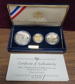 1991-1995 World War II 50th Anniversary Commemorative 3-Coin Proof Set withGold $5