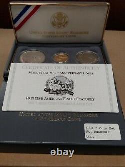 1991 $5 Gold, $1 Silver + Half Dollar Mount Rushmore 3 Coin Set Uncirculated Box