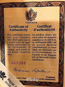 1991 Canadian Gold $100 Proof Coin MIB WITH COA