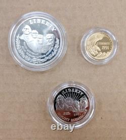 1991 U. S. Mint Mount Rushmore Anniversary 3 Coin Proof Set 1 Gold withOGP & Cert