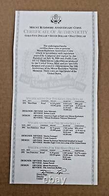 1991 U. S. Mint Mount Rushmore Anniversary 3 Coin Proof Set 1 Gold withOGP & Cert