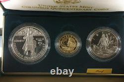 1992 US Mint Gold Silver Columbus Quincentenary 3 Proof Coin $5 Set