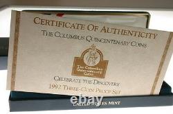 1992 US Mint Gold Silver Columbus Quincentenary 3 Proof Coin $5 Set