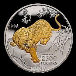 1998 Mongolia Year of the Tiger Lunar Zodiac 5 Oz Silver Proof Coin Gold Gilded