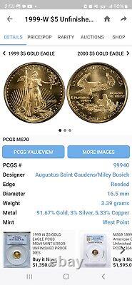1999 W $5 Gold Eagle Pcgs Ms69 Mint Error Unfinished Proof Dies