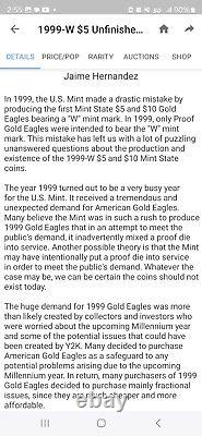 1999 W $5 Gold Eagle Pcgs Ms69 Mint Error Unfinished Proof Dies