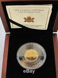 2001 Canada $10 Dollars 9999 Gold Coin, Hologram Maple Leaf 1/4 Oz Rare