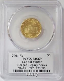 2001 W Gold Reagan Signed $5 Capitol Visitor Commemorative Pcgs Ms 69