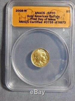 2008 W $5.00 1/10 oz 9999 24K GOLD BUFFALO ANACS SP70 First Day of issue RC1508