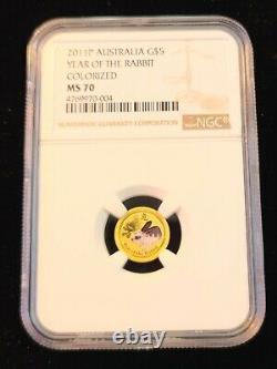 2011 Australia Gold 5 Dollars G$5 Lunar Year Of The Rabbit Colorized Ngc Ms 70