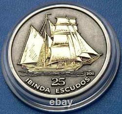 2011 Cabinda Angola 3D Silver Coin Sailing Ship Boat Gold Gilded 25 Escudos RARE