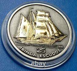 2011 Cabinda Angola 3D Silver Coin Sailing Ship Boat Gold Gilded 25 Escudos RARE