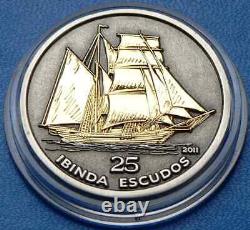 2011 Cabinda Angola 3D Silver Coin Sailing Ship Boat Gold Gilded 25 Escudos RARE