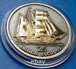 2011 Cabinda Angola 3D Silver Coin Sailing Ship Boat Gold Gilded 25 Escudos RARE