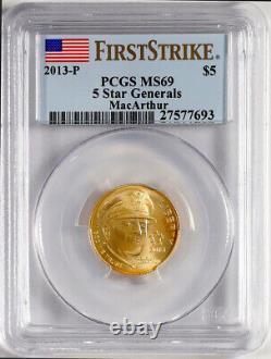 2013-P MacArthur. 5 Star Generals. $5 Gold. PCGS MS69. First Strike Spots