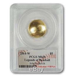 2014-W $5 Gold Baseball Coin PCGS MS69 Hand-Signed By Johnny Bench