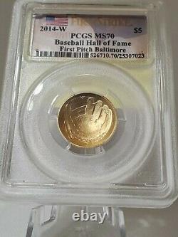 2014-w Gold $5 Baseball Hof 1st Strike 1st Pitch Pcgs Ms-70 Population 65