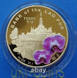 2015 Laos Butterfly 1 Oz Silver Proof Gilded Coin Hologram Wildlife WWF Fauna