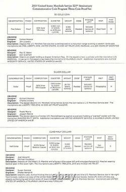 2015 U. S. Marshals Service Three Coin Proof Set w $5 GOLD 225th Anniversary