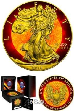 2016 1 Oz Silver LIBERTY SOLAR FLARE EAGLE Coin WITH 24K GOLD GILDED. SOLD OUT