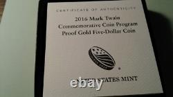 2016 GOLD Mark Twain Commemorative $5 Coin Proof Box & CoA