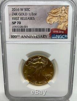 2016 W 100th Anniversary NGC SP70 Gold 50C Walking Liberty 24K 1/2oz Coin FIRST