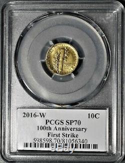 2016-W 10C MERCURY DIME 1/10 oz. 999 GOLD 100th ANNIV FS Label PCGS SP70 A1505