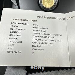 2016-W 1/10 oz Gold Mercury Dime Centennial (withOGP) Rare and Beautiful Coin