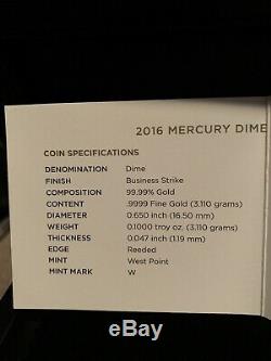 2016 W Gold Mercury Dime 1/10 Oz Gold Centennial Coin Ogp (box + Coa)