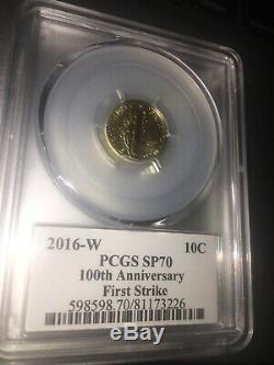 2016-W US Mercury Dime 1/10oz 24kt Gold PCGS SP 70 Centennial First Strike Coin