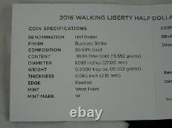 2016-W Walking Liberty Half Dollar 1/2 oz Gold Commemorative Box COA US Mint